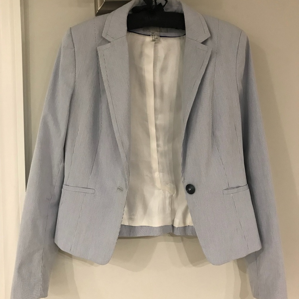 White/light blue pin stripe blazer